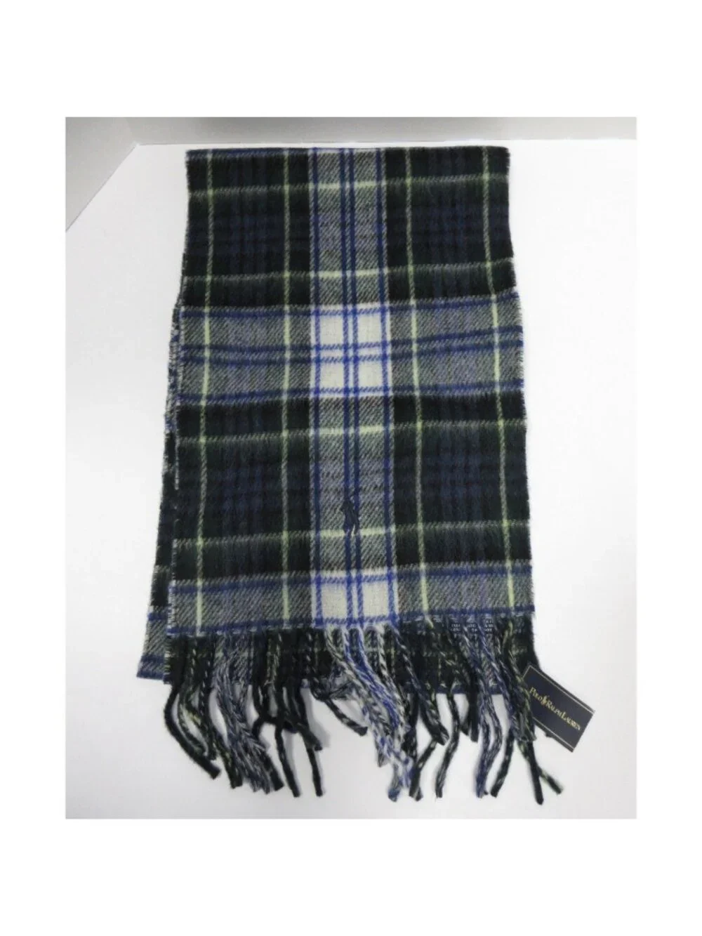 VINTAGE Polo Ralph Lauren Scarf One ambs Wool Plaid Fringe Italy